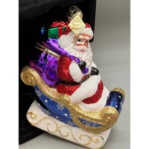 Radko Sparkle Bright SANTA IN SLEIGH Glass Blown Ornament NEW